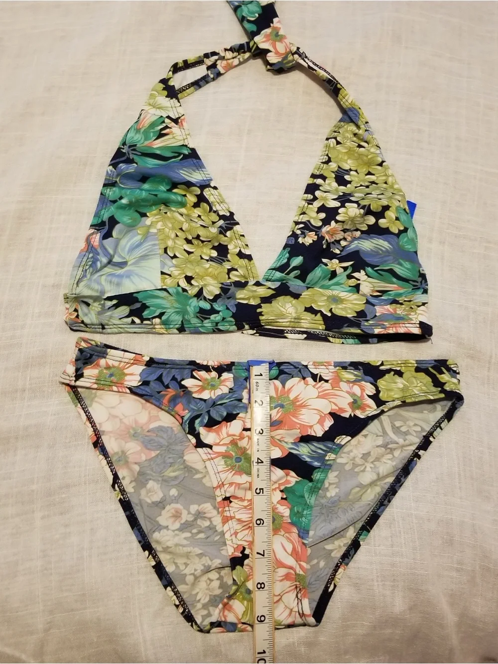 Prestige Kid’s Large Navy Two-Piece Bikini Set With A Multicolor Floral Pattern